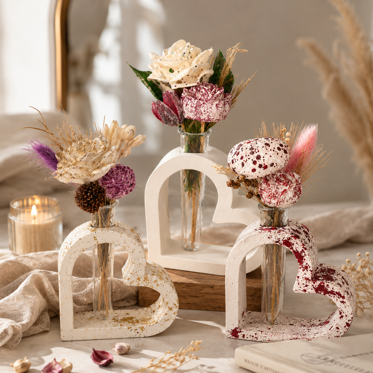 Vase coeur avec fleurs éternelles personnalisable